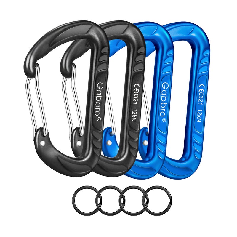 Gabbro Carabiner Clips Heavy Duty 12kN (2697 lbs), | 3.2 Inch, Aluminum, Wiregate Snap, Lightweight, 4 Pack | for Hammock, Hiking, Camping, Water Bottle, Dog Leash Harness, Keychains - Black Blue - Image 1